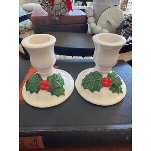 VTG Lillian Vernon Christmas Holly Berry Taper Candlestick Holders Set of 2
